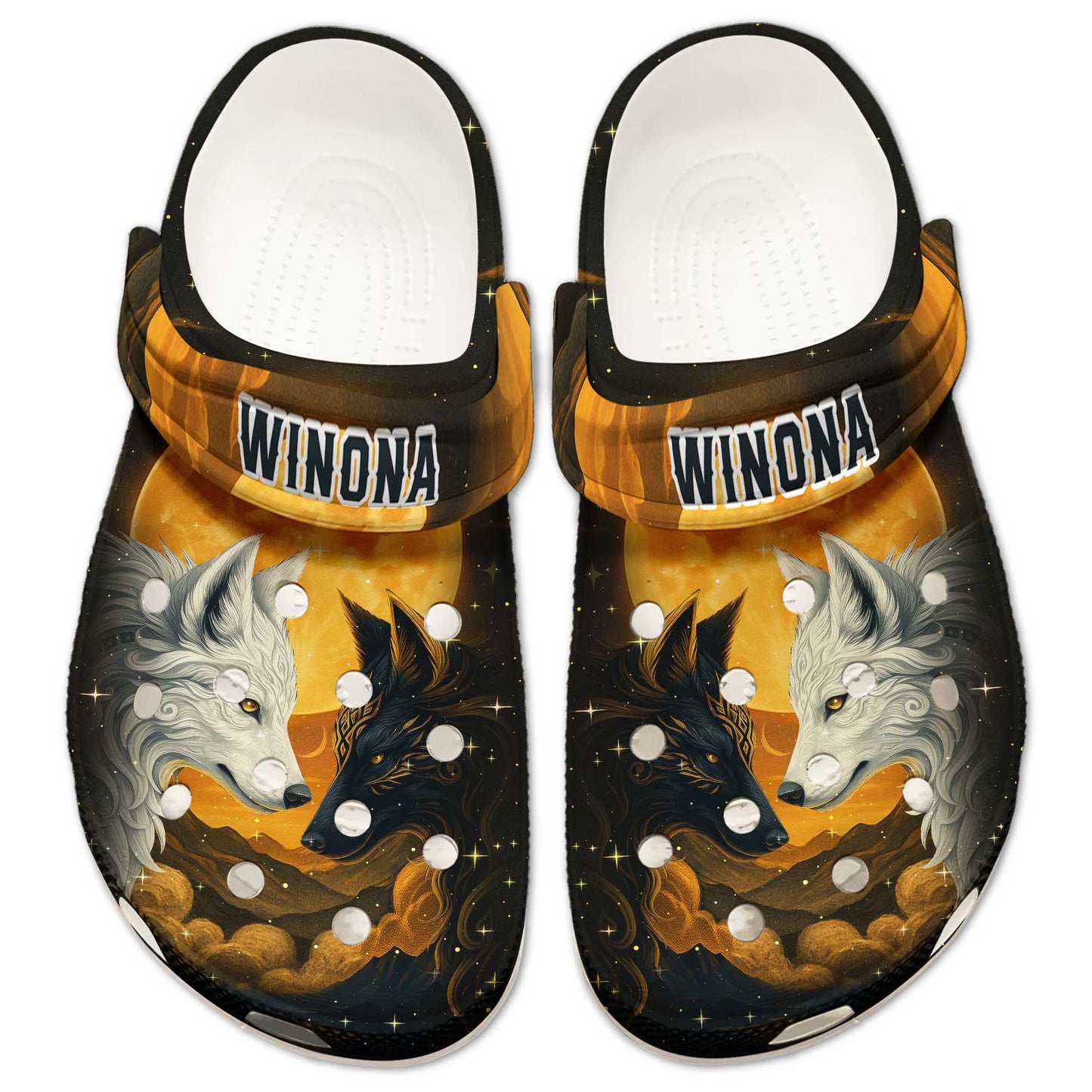 Custom Name Wolf Spirit Clogs – Fire & Ice Duality | Meaningful Gift for Family