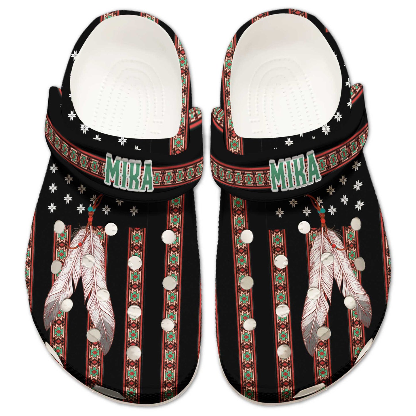 Custom Name Native Clogs – Ethnic Stripes & Feather Pattern – Great Gift Idea