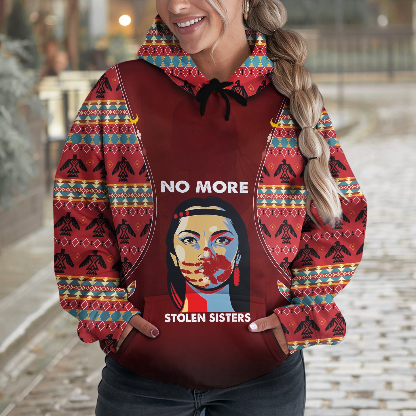 Tribal Feather Hoodie – Bold Red & Geometric Patterns & MMIW