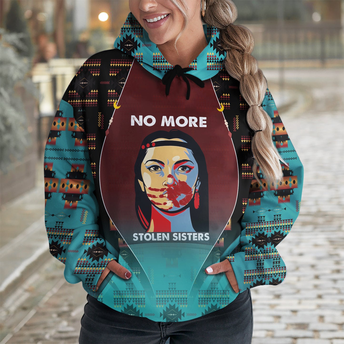 Tribal Feather Hoodie – Bold Red & Geometric Patterns & MMIW