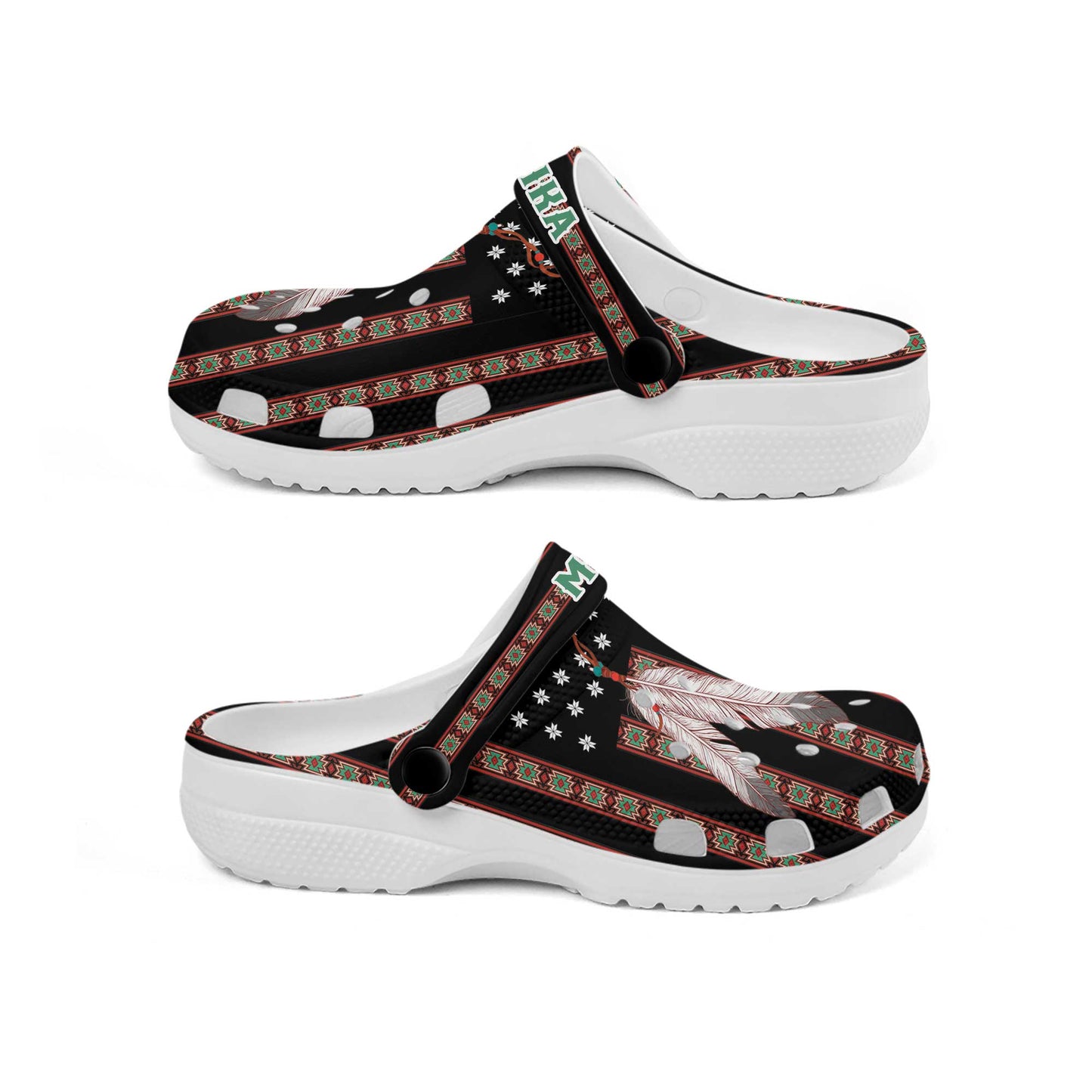 Custom Name Native Clogs – Ethnic Stripes & Feather Pattern – Great Gift Idea