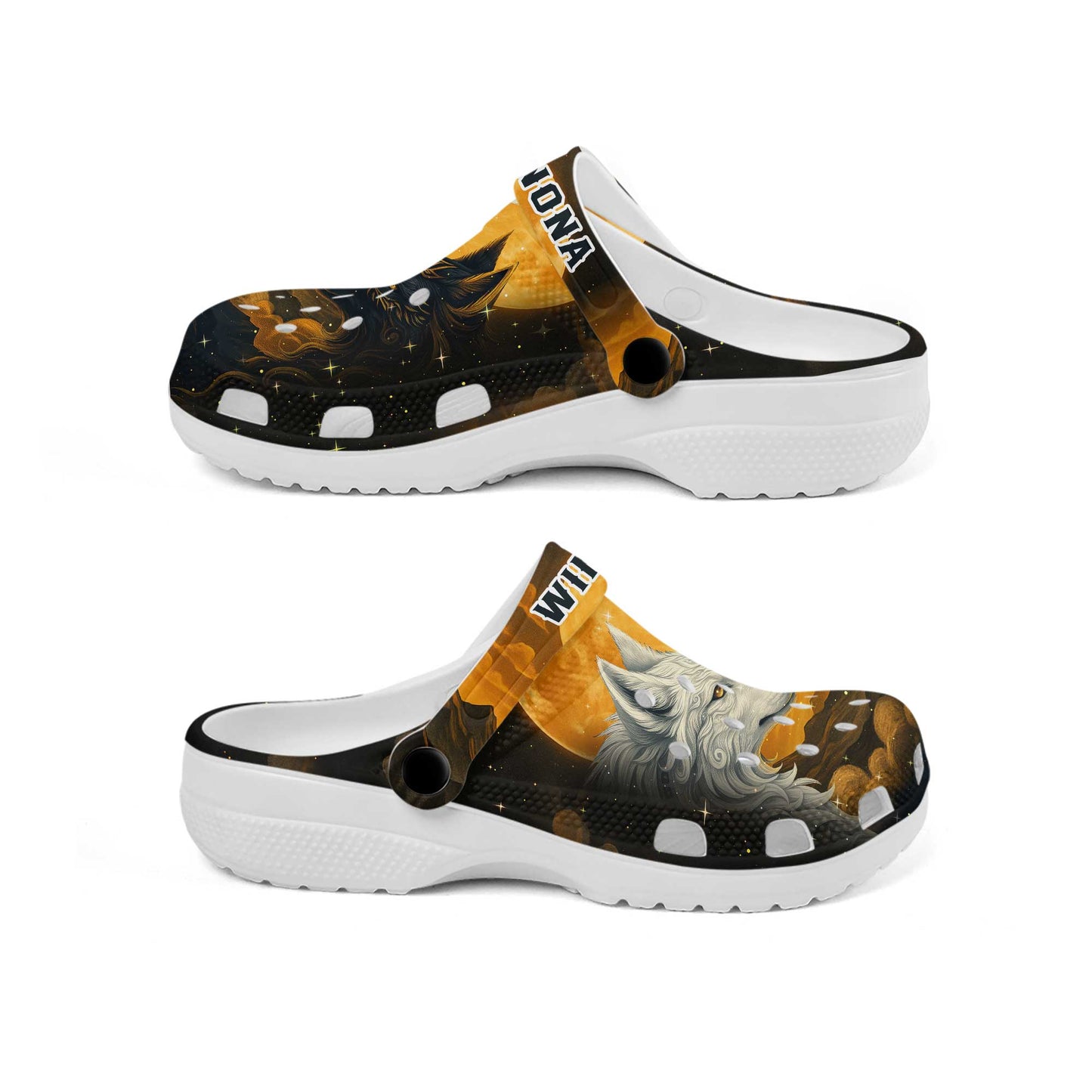 Custom Name Wolf Spirit Clogs – Fire & Ice Duality | Meaningful Gift for Family