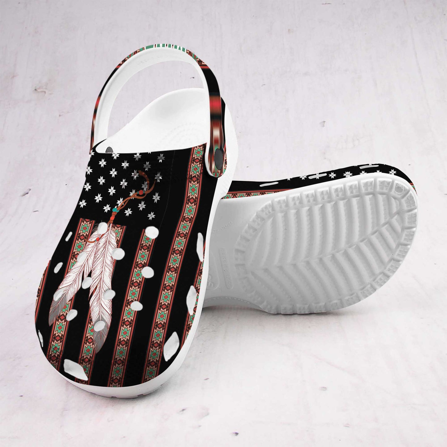 Custom Name Native Clogs – Ethnic Stripes & Feather Pattern – Great Gift Idea