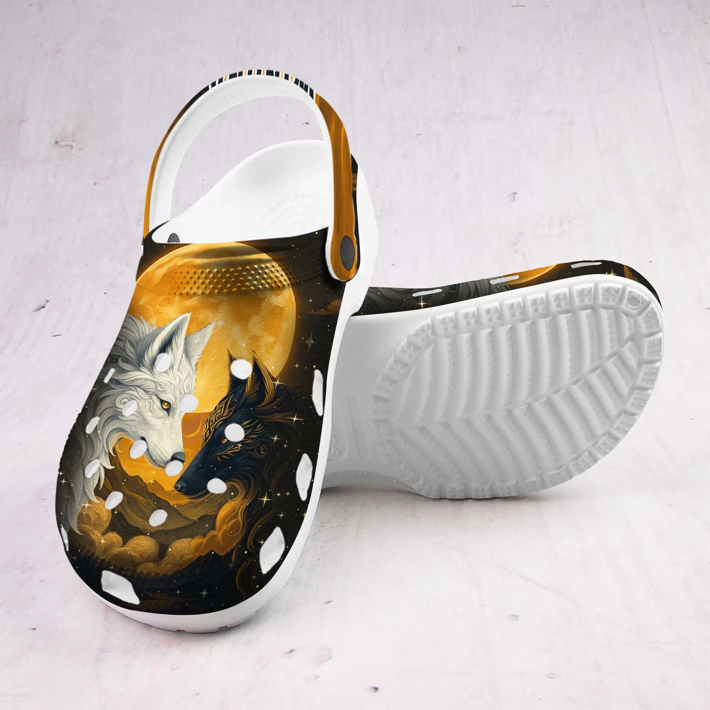 Custom Name Wolf Spirit Clogs – Fire & Ice Duality | Meaningful Gift for Family
