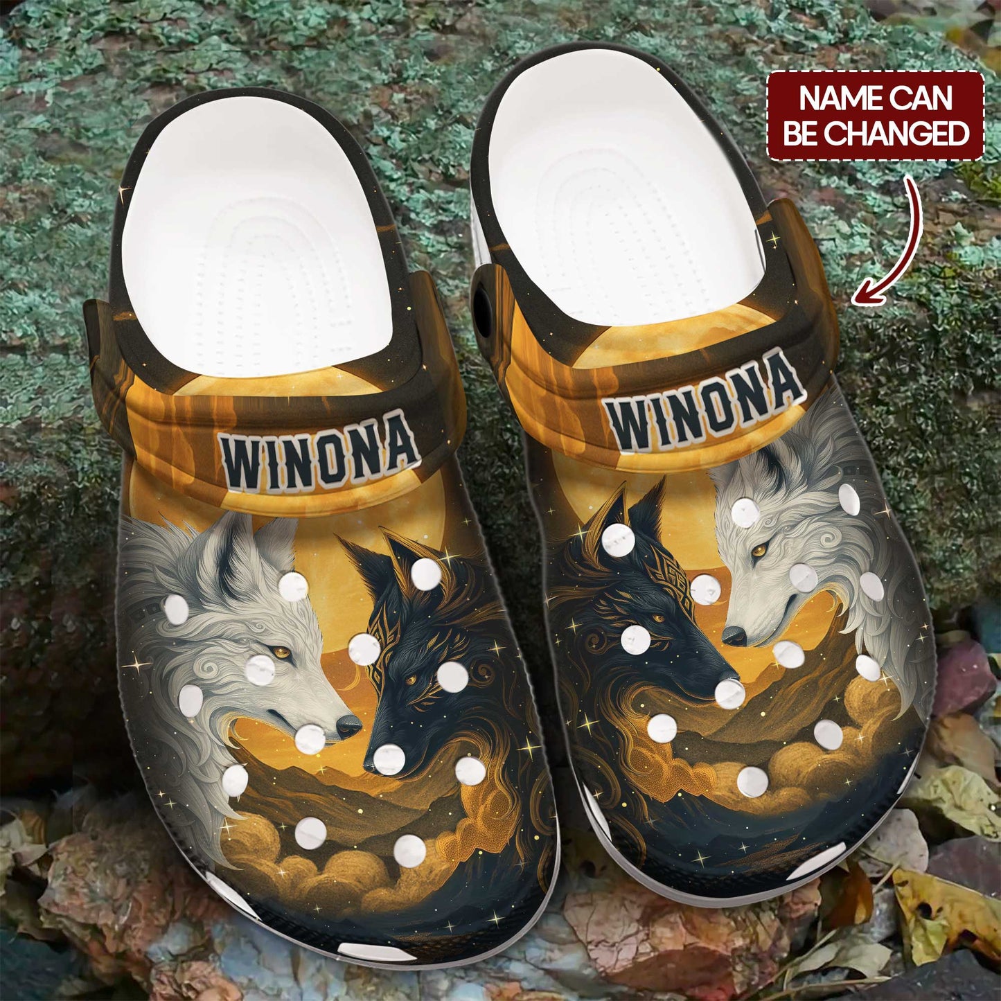 Custom Name Wolf Spirit Clogs – Fire & Ice Duality | Meaningful Gift for Family