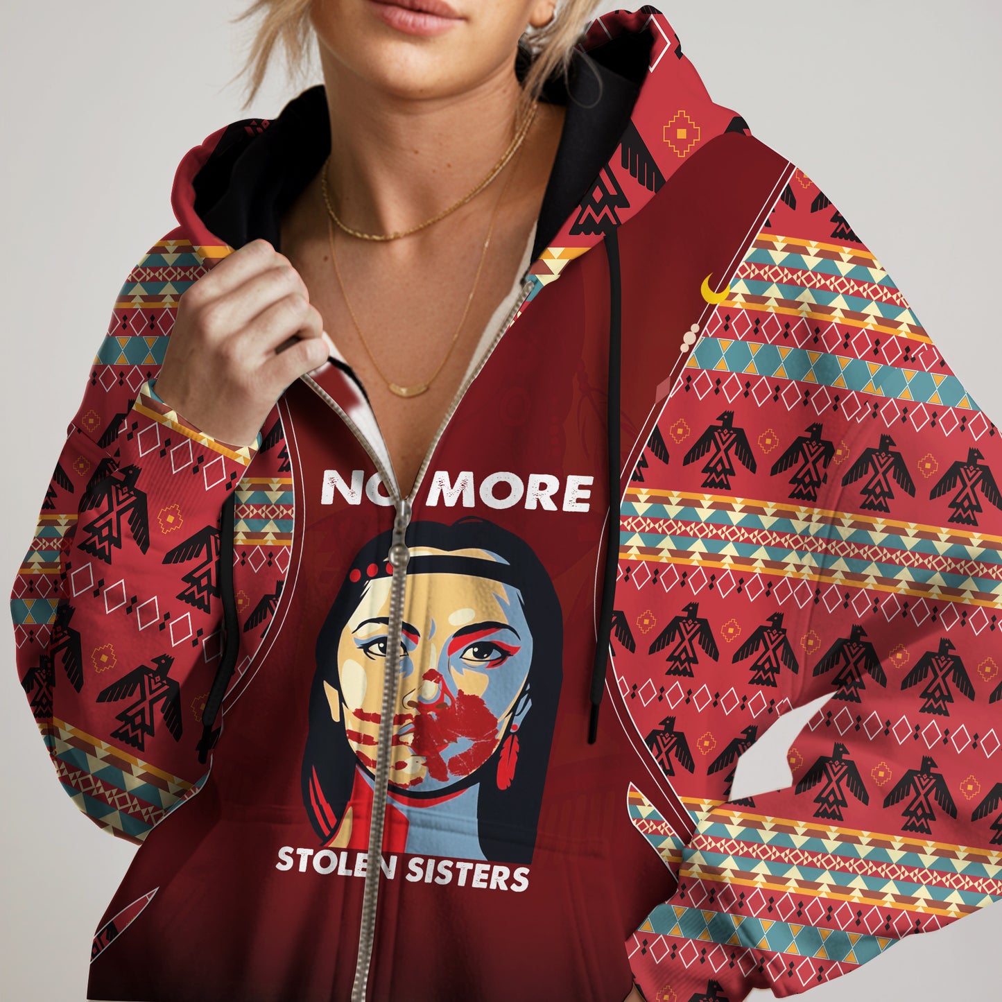 Tribal Feather Hoodie – Bold Red & Geometric Patterns & MMIW