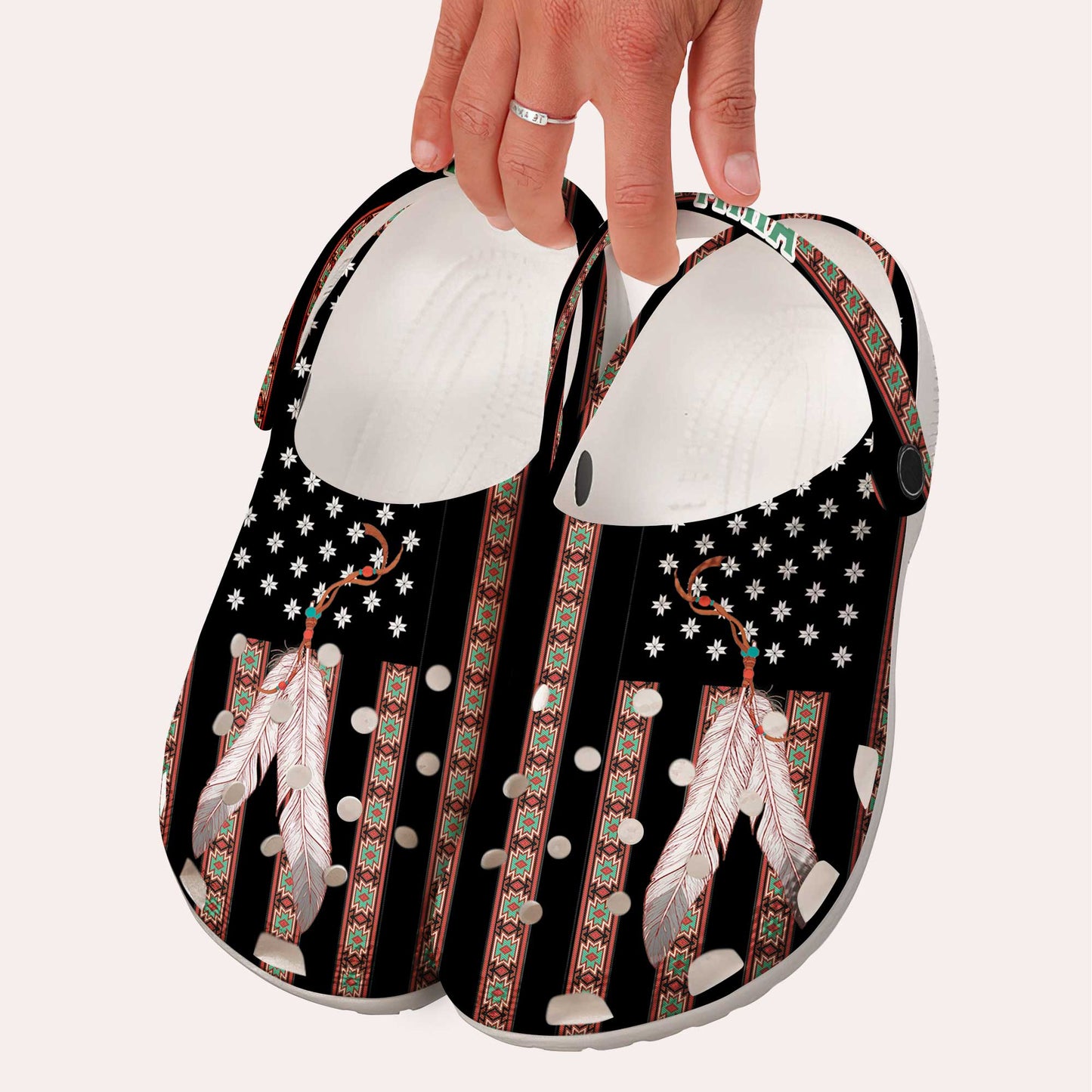 Custom Name Native Clogs – Ethnic Stripes & Feather Pattern – Great Gift Idea