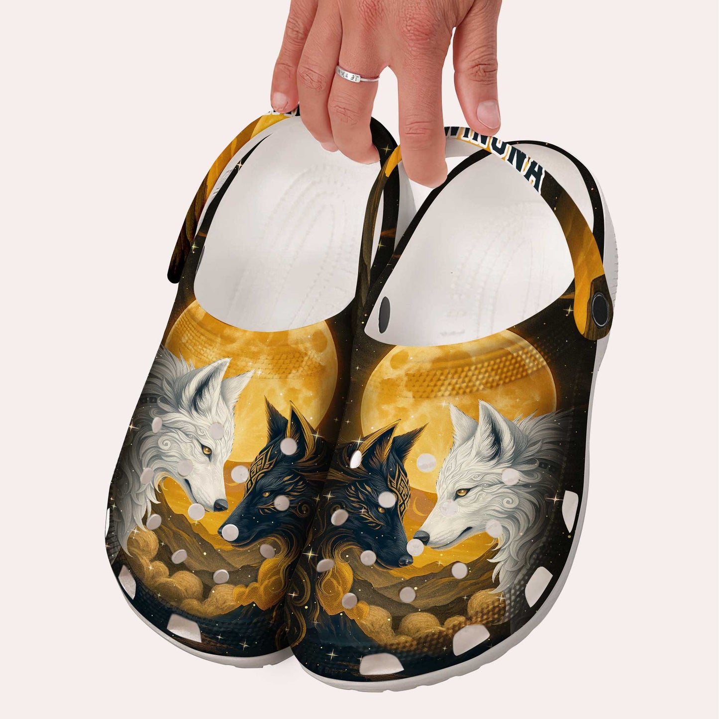 Custom Name Wolf Spirit Clogs – Fire & Ice Duality | Meaningful Gift for Family
