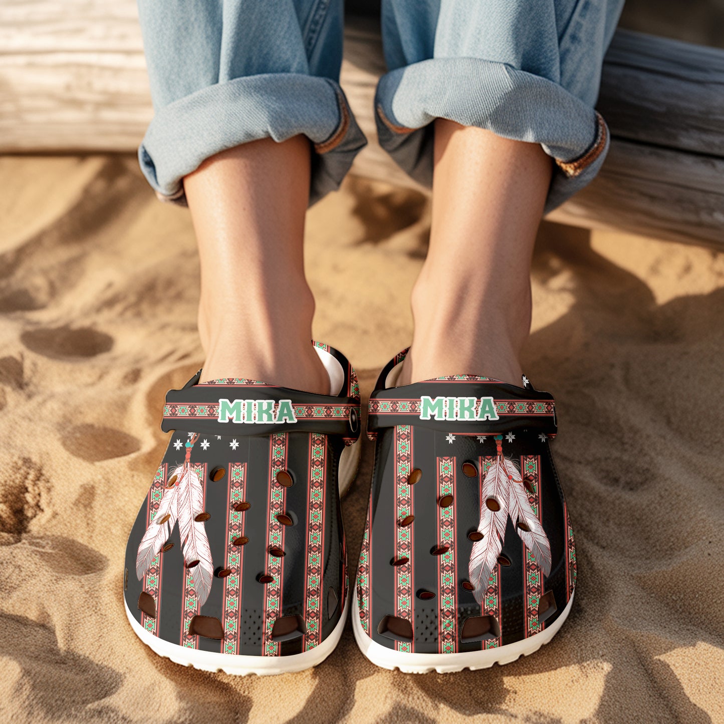 Custom Name Native Clogs – Ethnic Stripes & Feather Pattern – Great Gift Idea