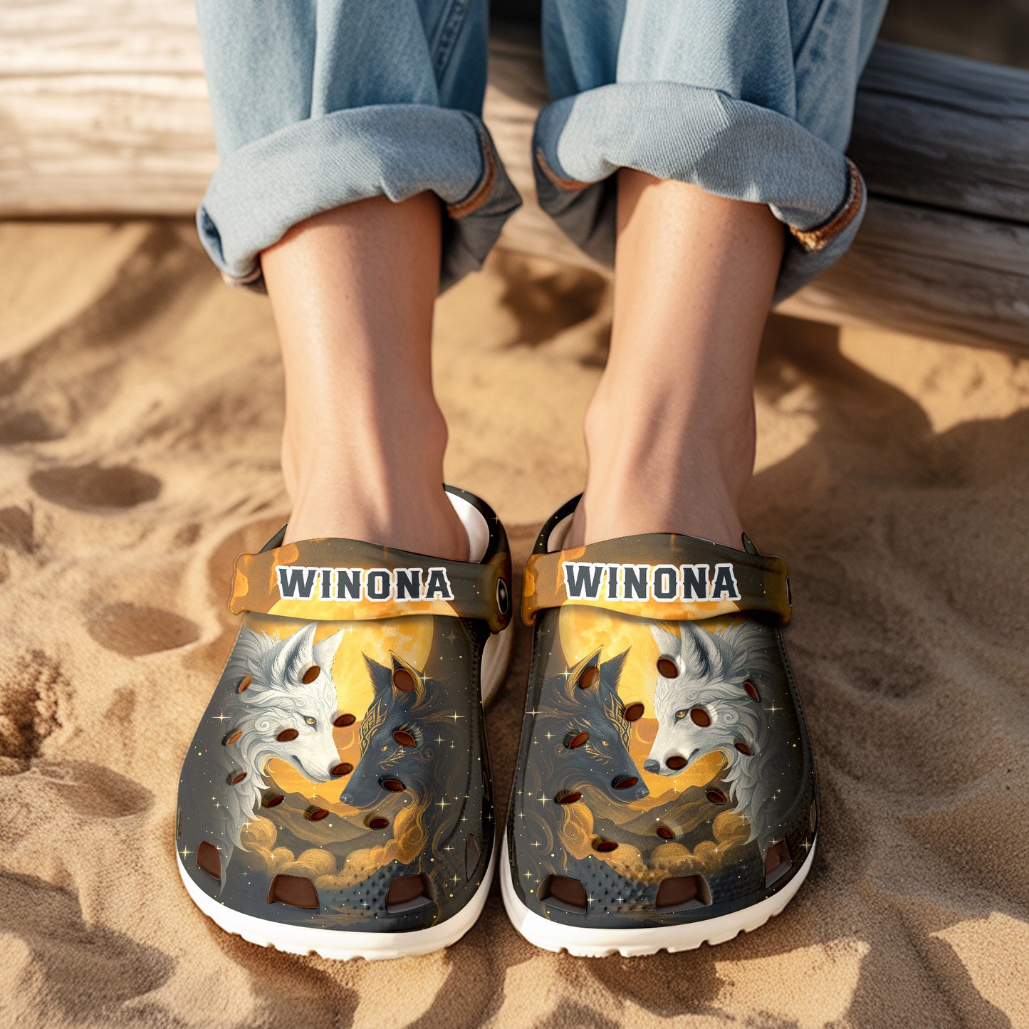 Custom Name Wolf Spirit Clogs – Fire & Ice Duality | Meaningful Gift for Family