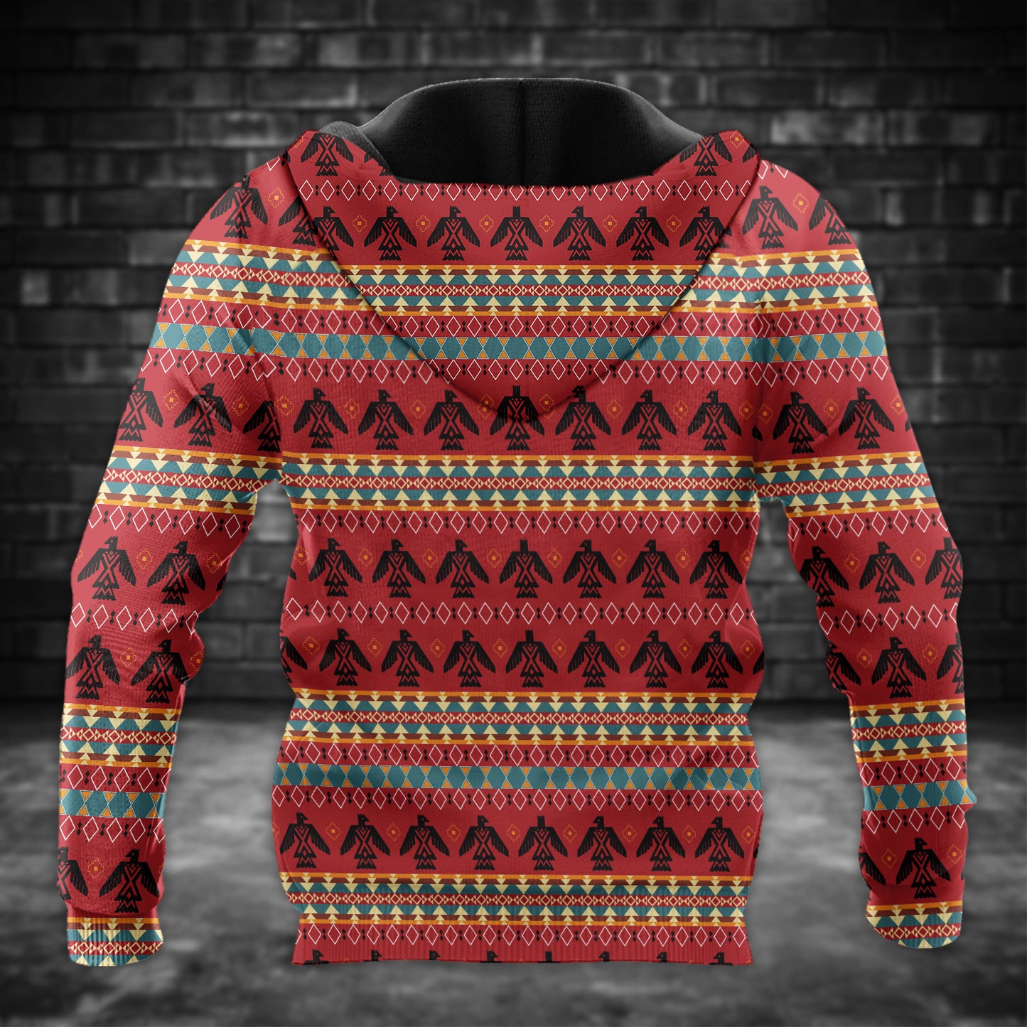 Tribal Feather Hoodie – Bold Red & Geometric Patterns & MMIW
