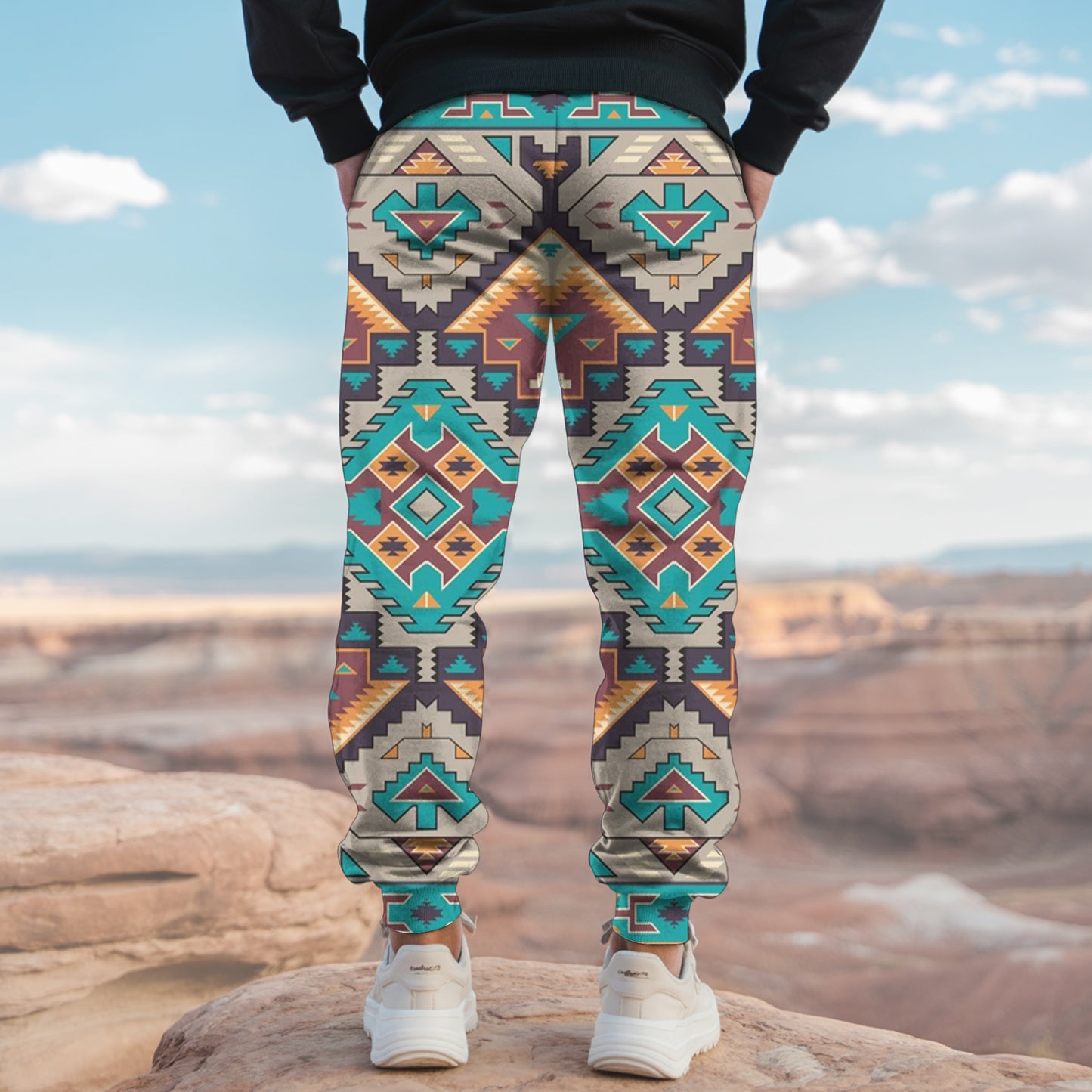 Bold Tribal-Inspired Joggers with Earth-Tone Geometric Patterns