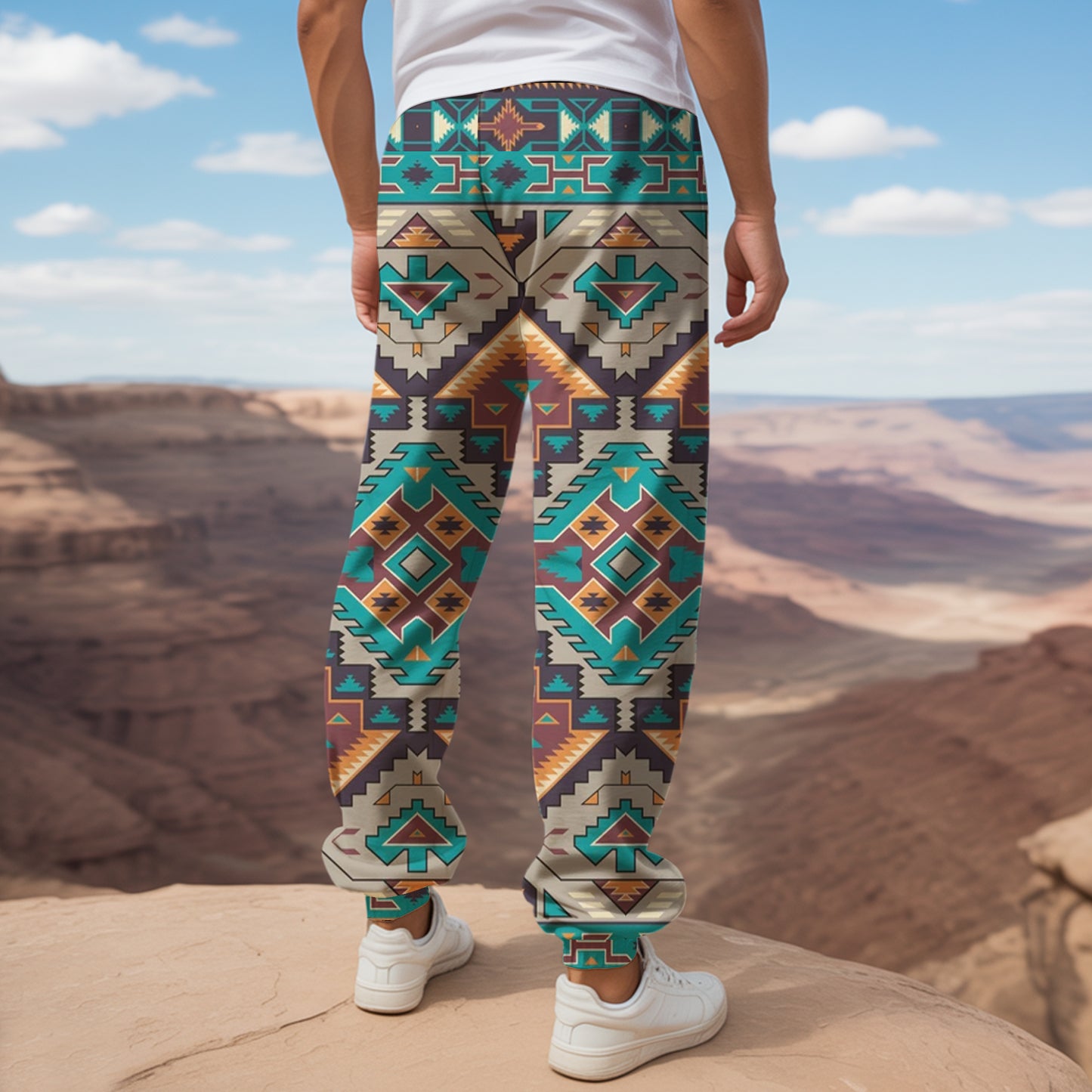 Bold Tribal-Inspired Joggers with Earth-Tone Geometric Patterns