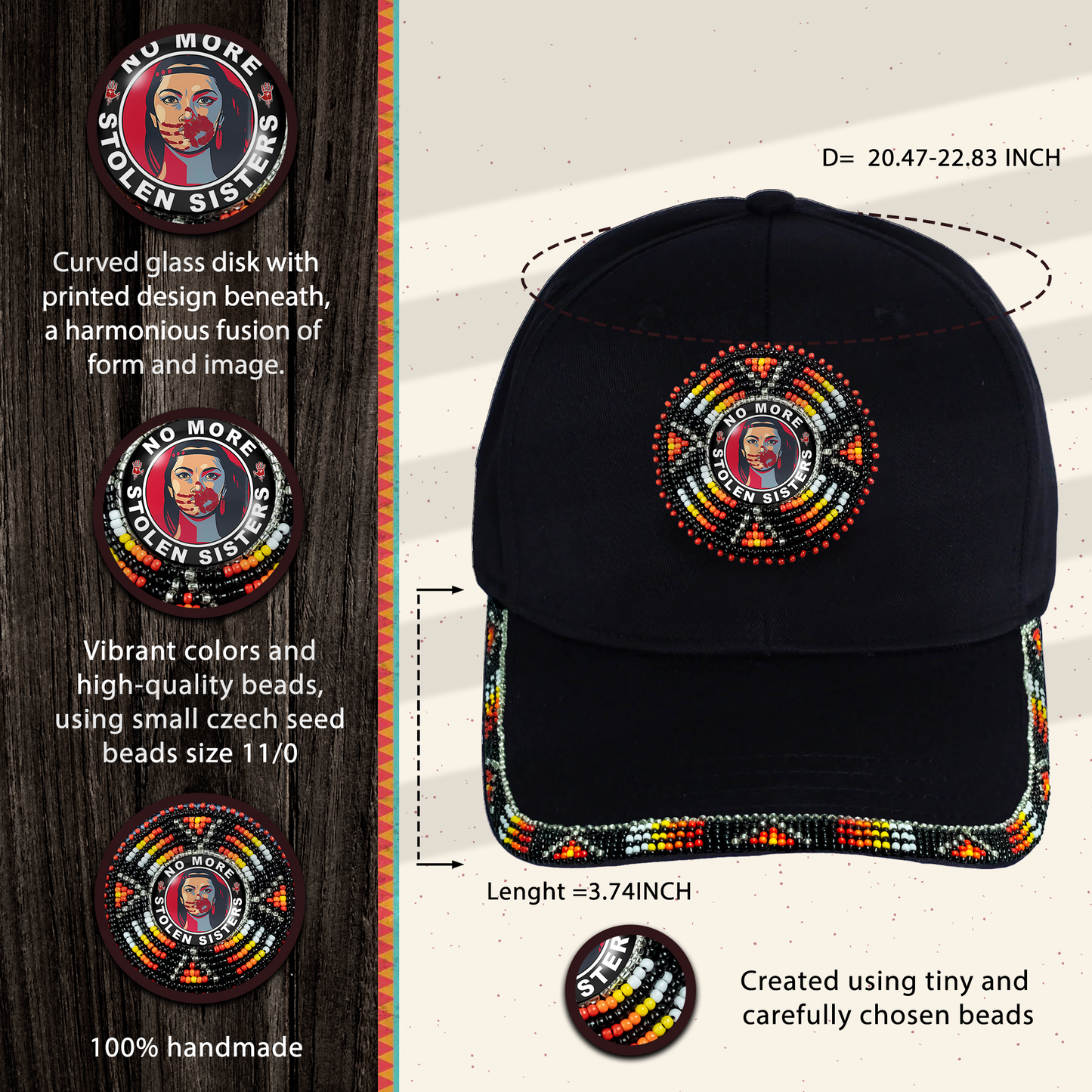 SALE 50% OFF - Cotton Unisex Baseball Cap Patch Glass with Colorful Brim Beaded Native American Style