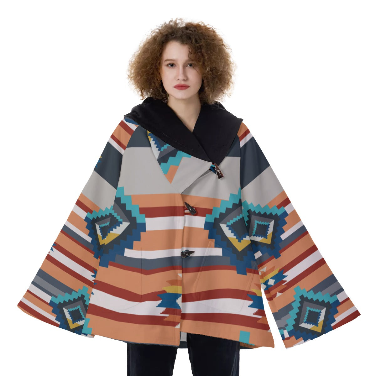 Fashion Women Pattern Button Coat Print Hooded Jacket Outerwear 05