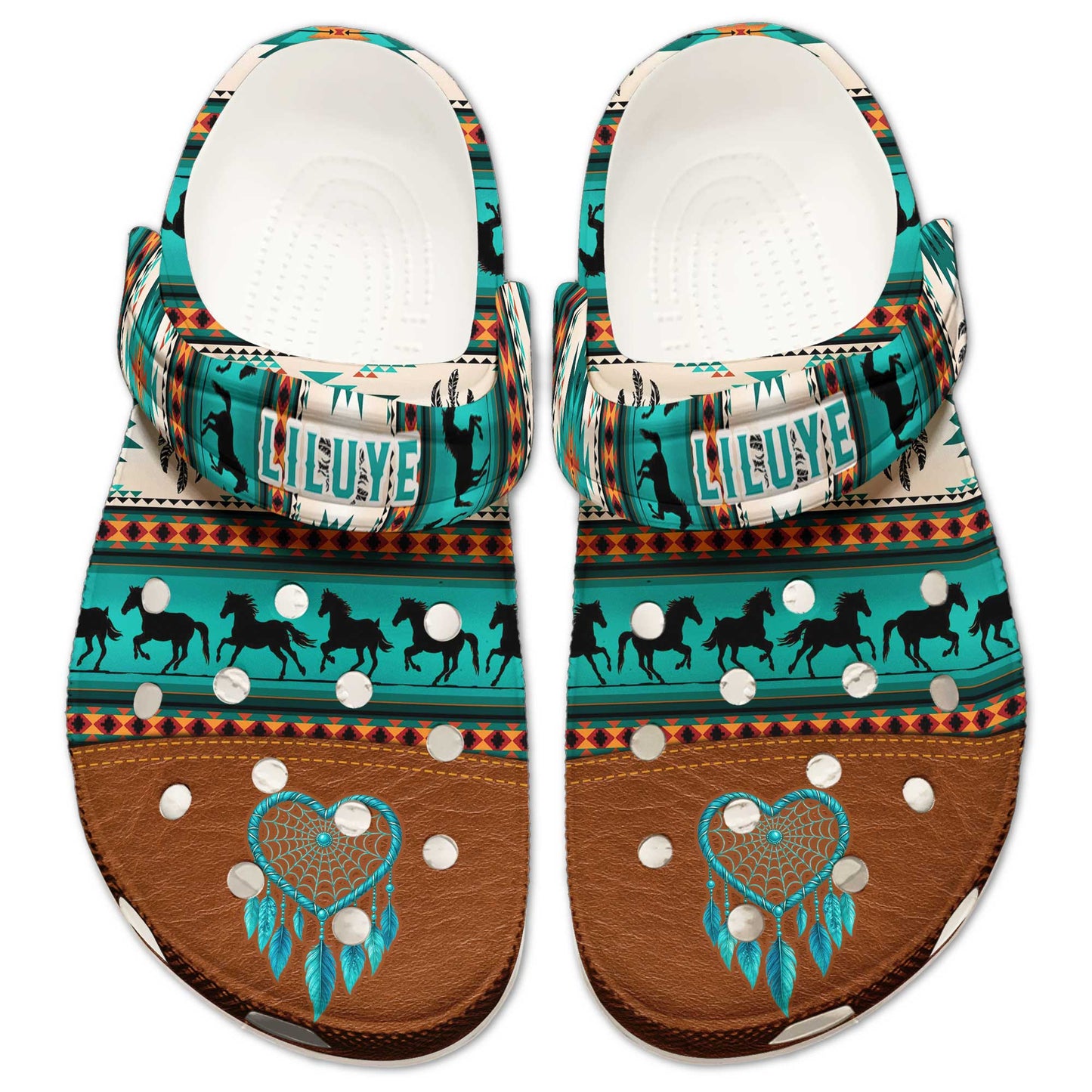 Custom Name Clogs  – Vibrant Green Tribal Stripes, Running Horses & Dreamcatcher Motif