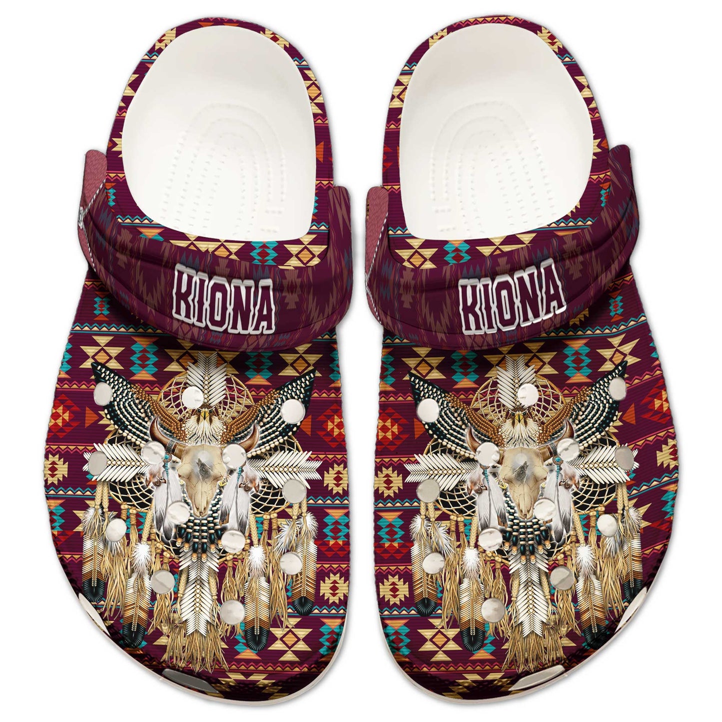 Custom Name Native Bull Skull Clogs – Tribal Dreamcatcher Shoes, Unique Family Gift