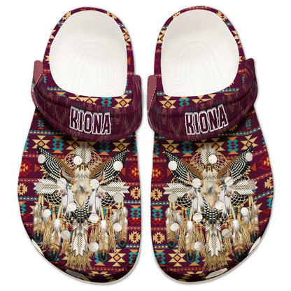 Custom Name Native Bull Skull Clogs – Tribal Dreamcatcher Shoes, Unique Family Gift