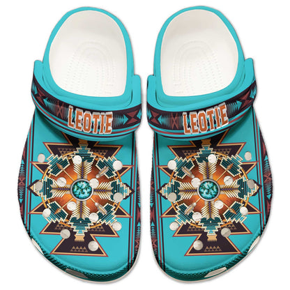 Custom Name Tribal Blue Clogs – Sacred Geometry & Turquoise Design, Gift for Family
