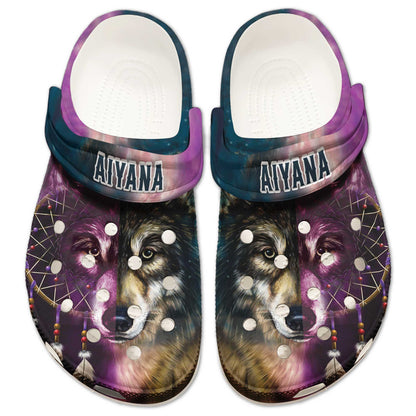 Custom Name Tribal Wolf Clogs – Purple Blue Native Style Footwear, Unique Gift for Loved One