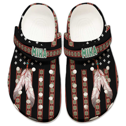 Custom Name Native Clogs – Ethnic Stripes & Feather Pattern – Great Gift Idea
