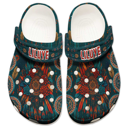 Custom Tribal Pattern Clogs with Name – Sacred Dreamcatcher, Floral & Feather Symbols