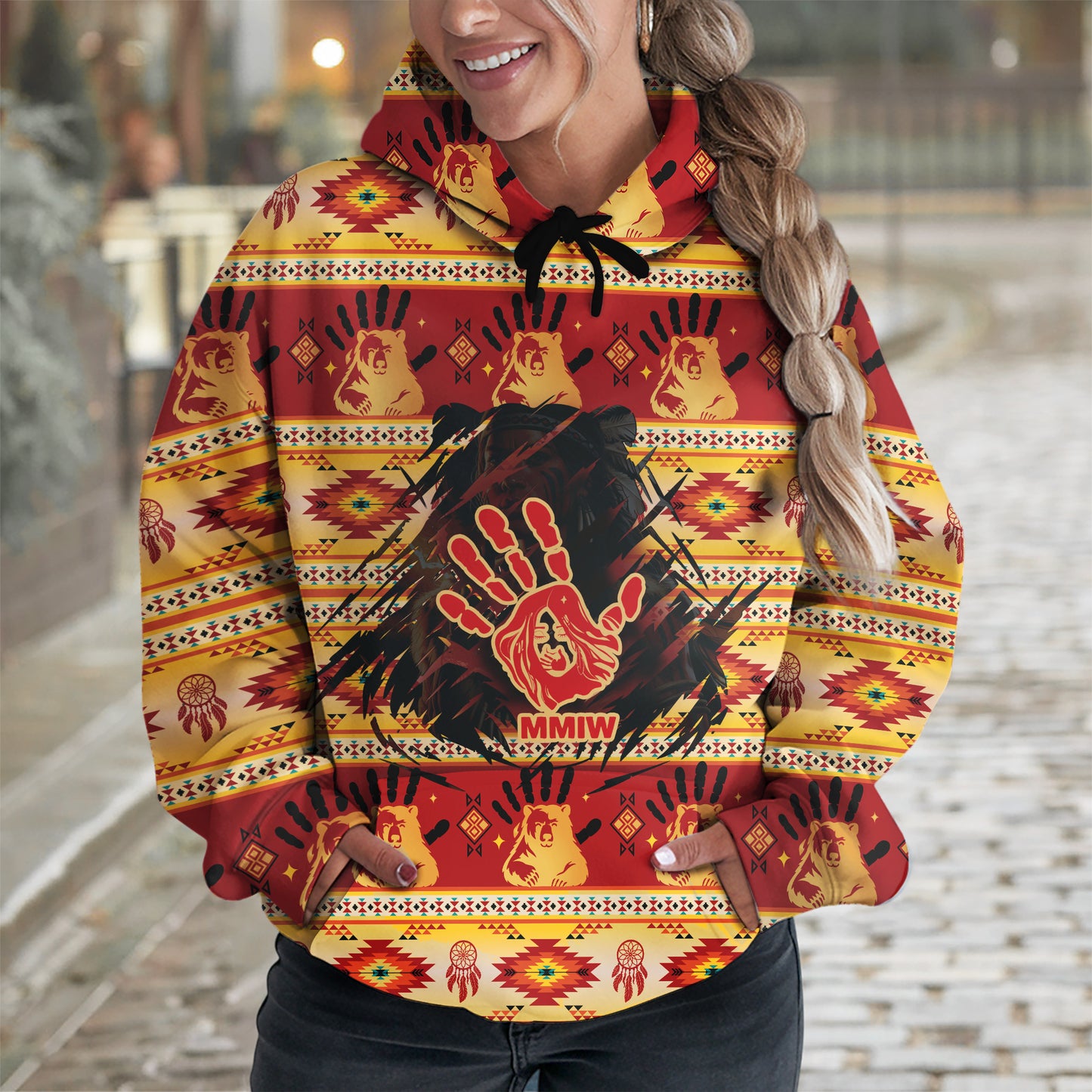 Tribal Feather Hoodie – Bold Red & Geometric Patterns & MMIW