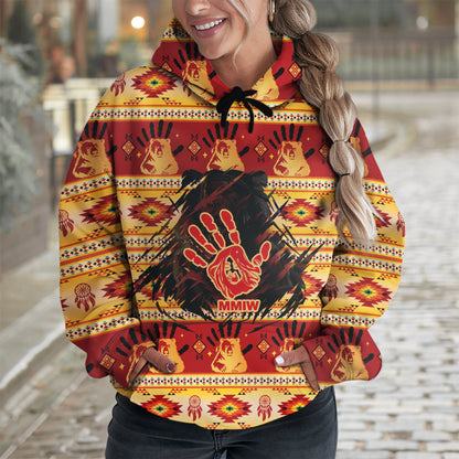 Tribal Feather Hoodie – Bold Red & Geometric Patterns & MMIW