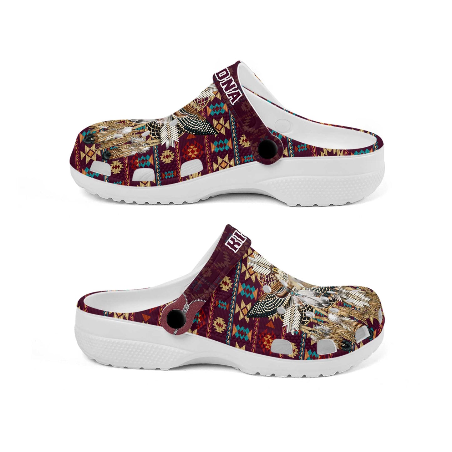 Custom Name Native Bull Skull Clogs – Tribal Dreamcatcher Shoes, Unique Family Gift