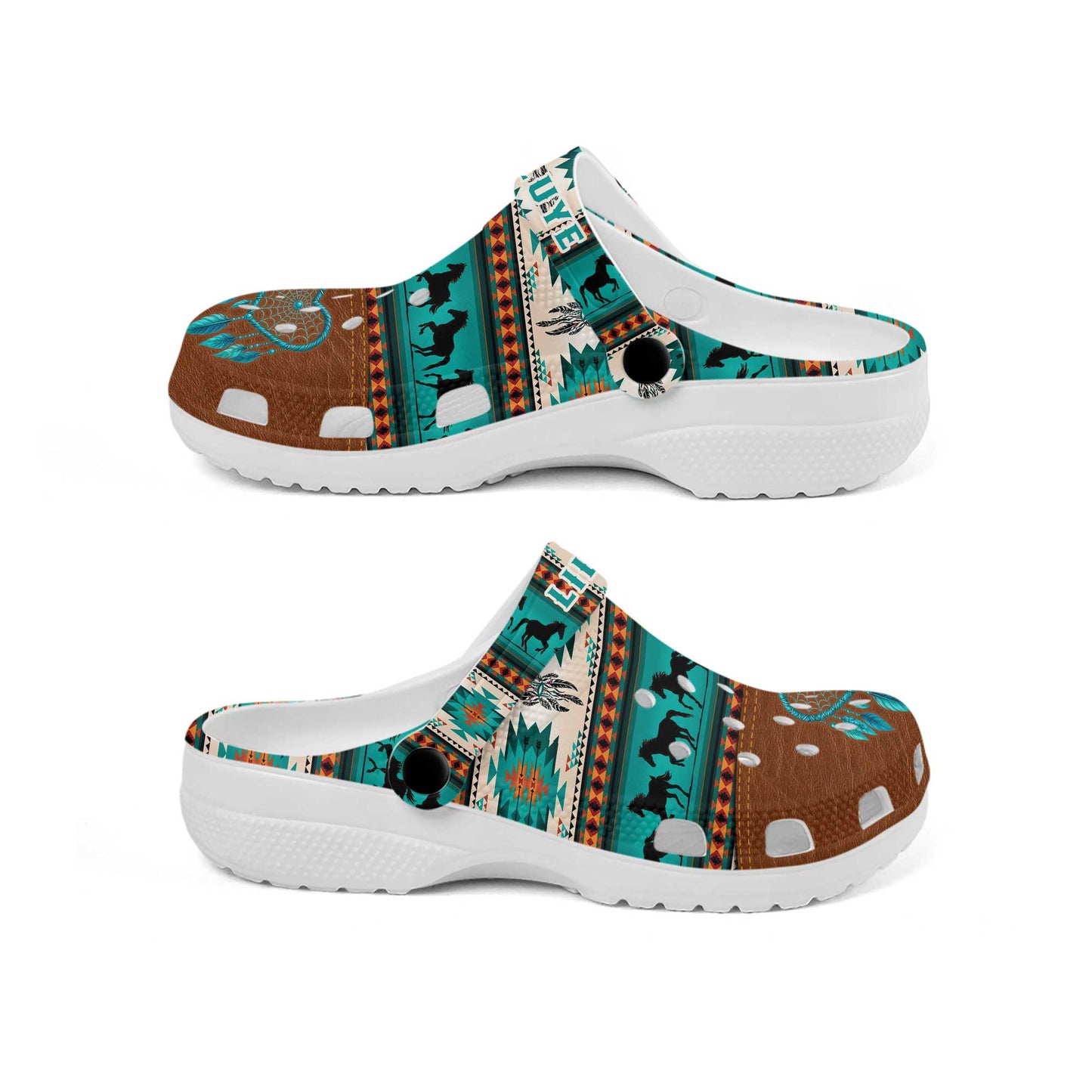 Custom Name Clogs  – Vibrant Green Tribal Stripes, Running Horses & Dreamcatcher Motif