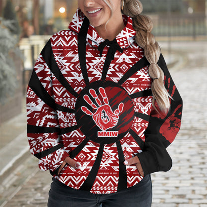 Tribal Feather Hoodie – Bold Red & Geometric Patterns & MMIW