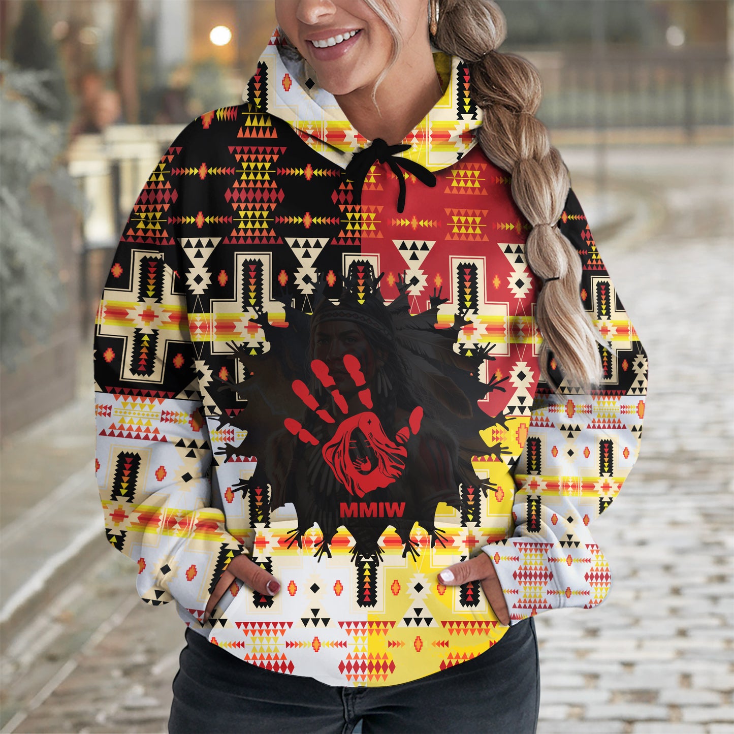 Tribal Feather Hoodie – Bold Red & Geometric Patterns & MMIW