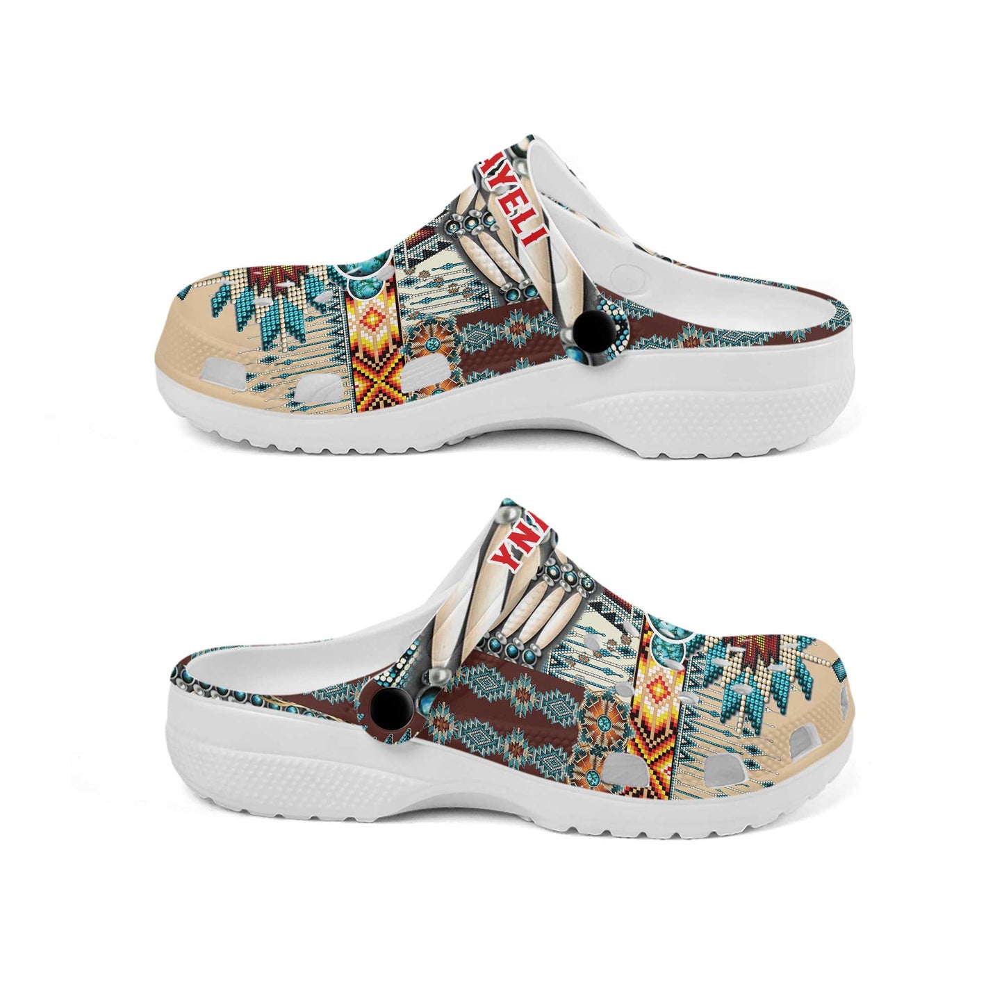 Custom Name Clogs – Rustic Boho Style with Turquoise Stone & Traditional Patterns