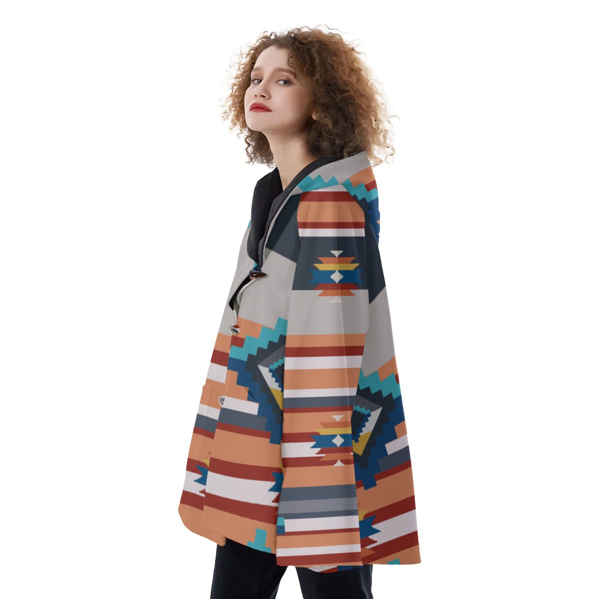 Fashion Women Pattern Button Coat Print Hooded Jacket Outerwear 05