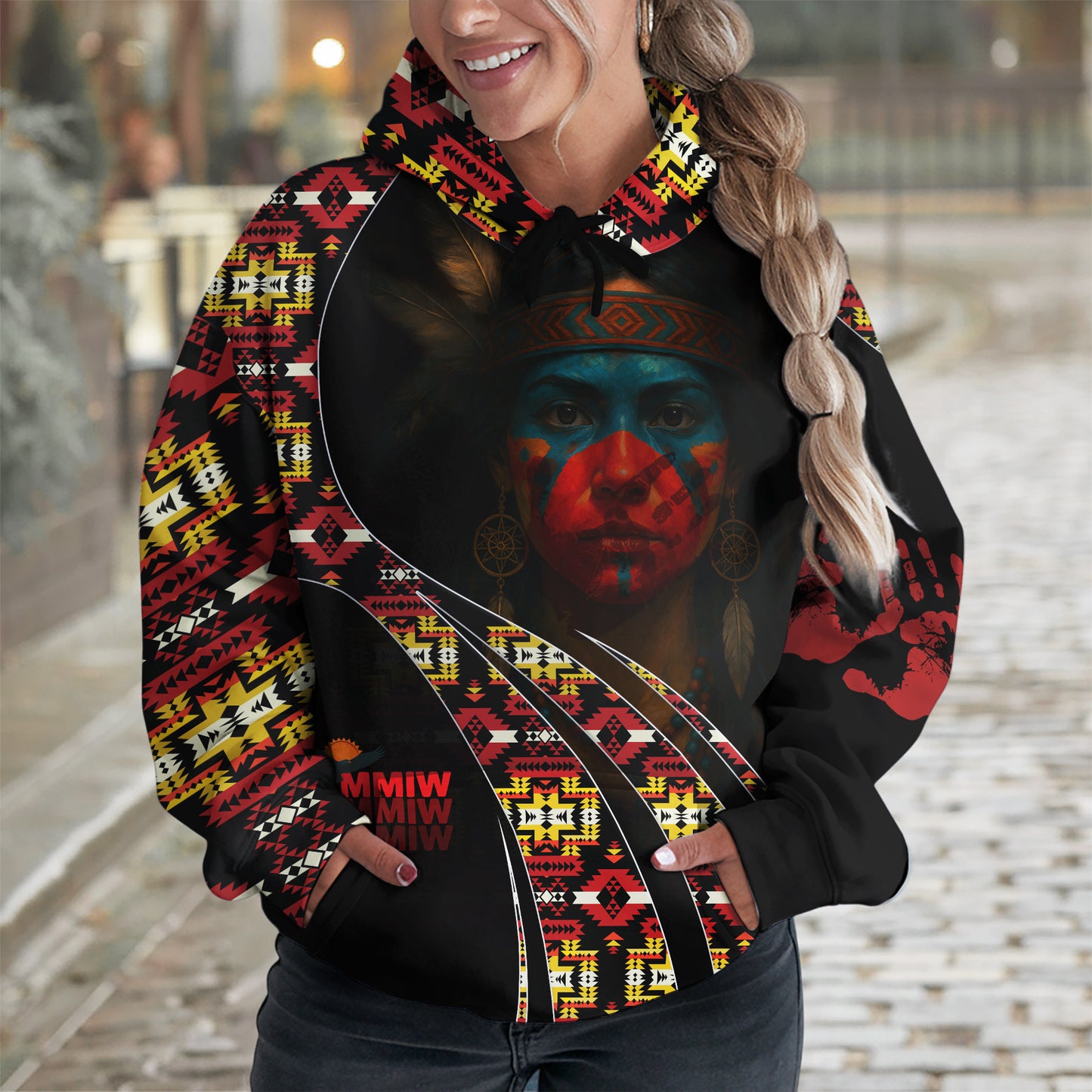Tribal Feather Hoodie – Bold Red & Geometric Patterns & MMIW