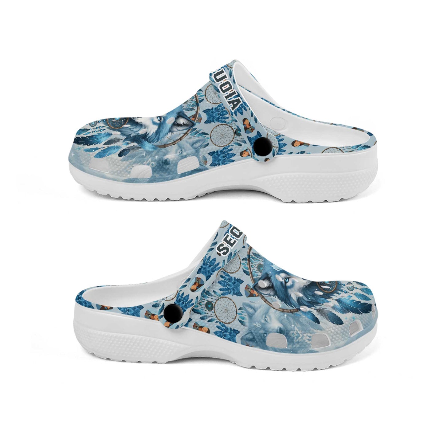 Custom Name Wolf Dreamcatcher Clogs – Tribal Spirit & Personalized Native Gift