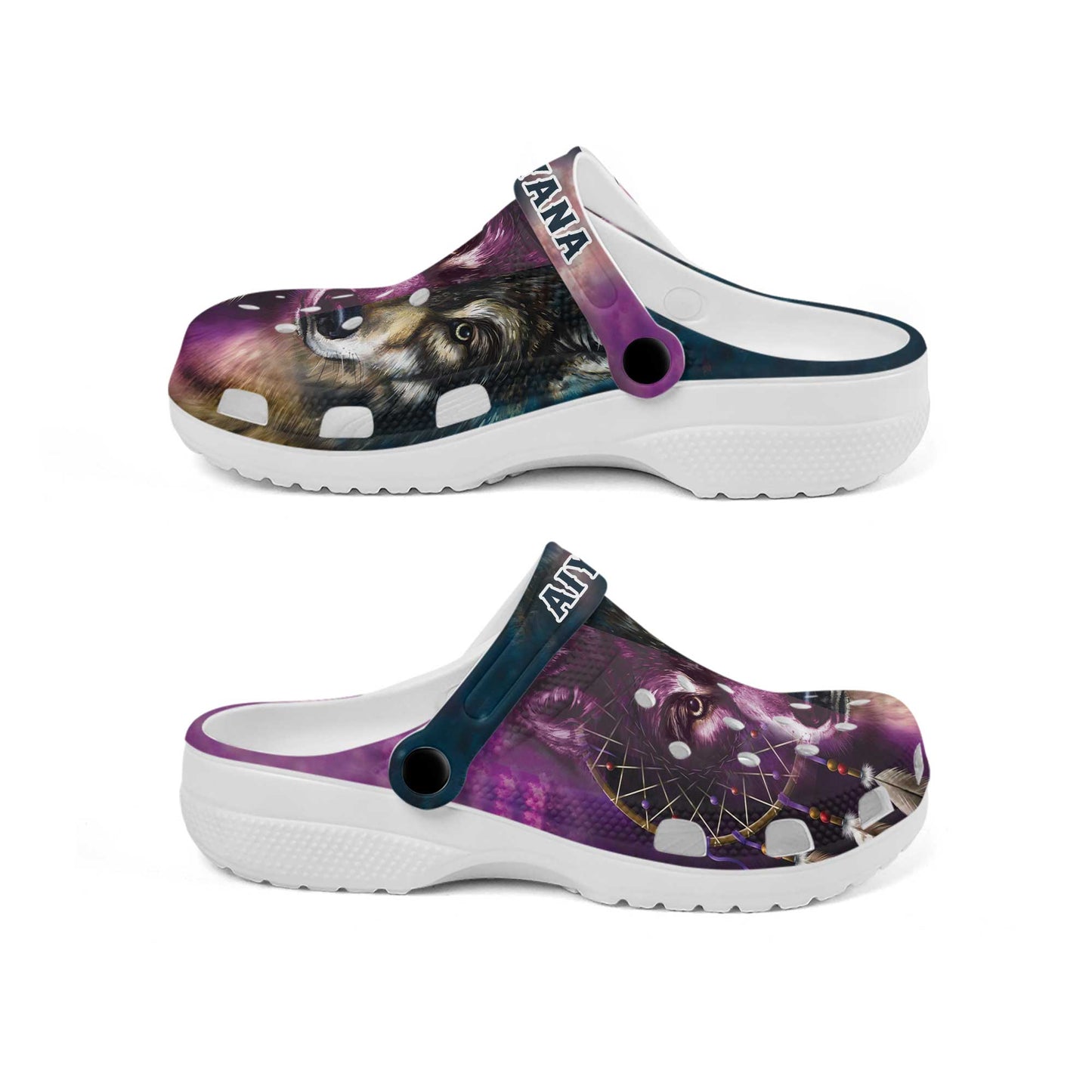 Custom Name Tribal Wolf Clogs – Purple Blue Native Style Footwear, Unique Gift for Loved One