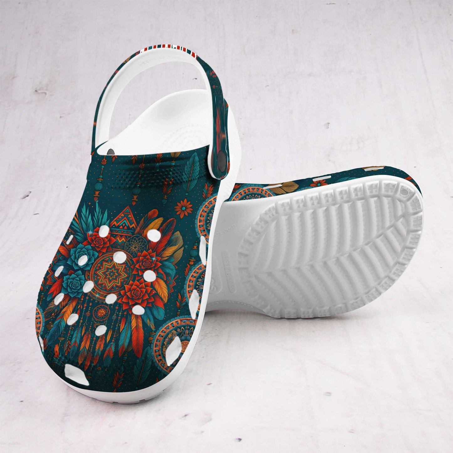 Custom Tribal Pattern Clogs with Name – Sacred Dreamcatcher, Floral & Feather Symbols