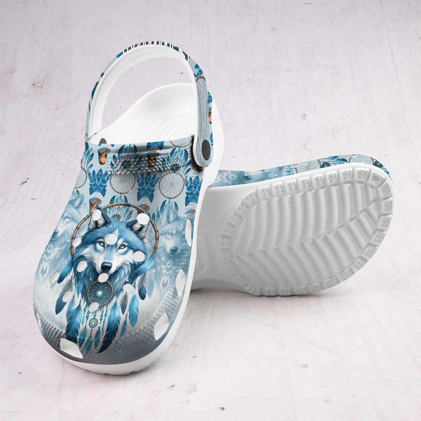 Custom Name Wolf Dreamcatcher Clogs – Tribal Spirit & Personalized Native Gift