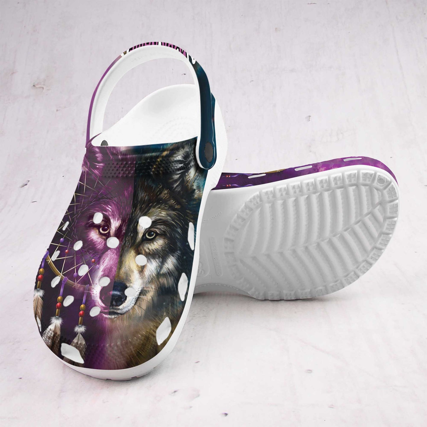 Custom Name Tribal Wolf Clogs – Purple Blue Native Style Footwear, Unique Gift for Loved One