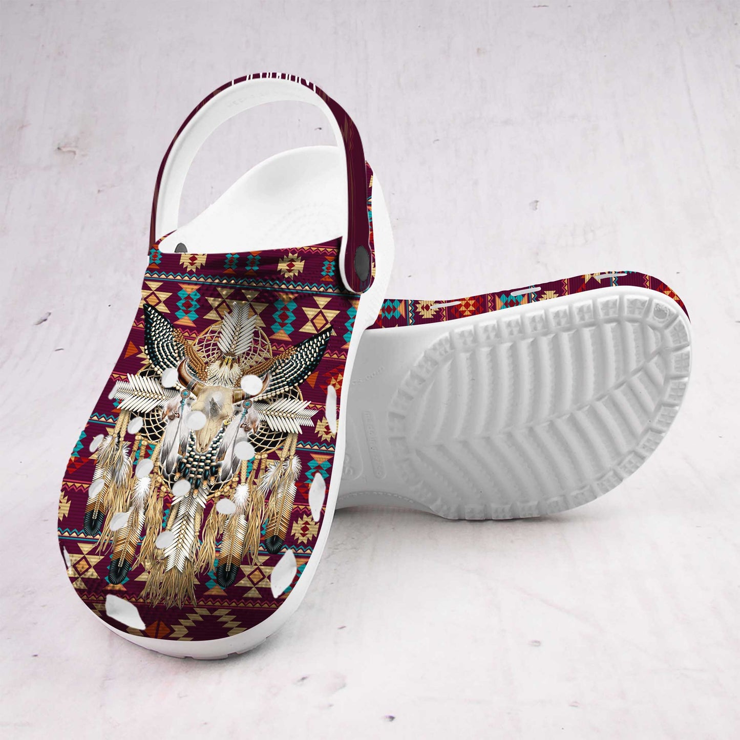 Custom Name Native Bull Skull Clogs – Tribal Dreamcatcher Shoes, Unique Family Gift