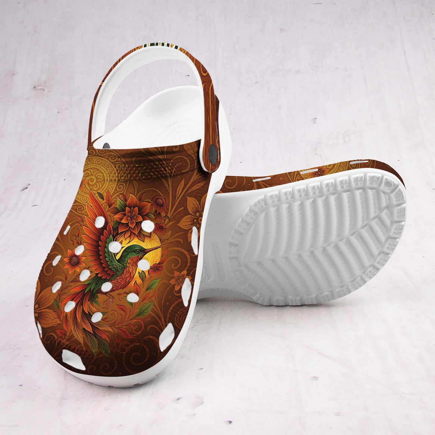 Custom Name Clogs – Vibrant Bird, Sunflower Bloom & Autumn Swirl Details in Warm Tones