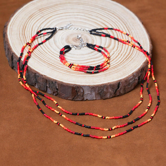 Sunset Harmony Beaded Necklace and Bracelets Set – Red, Orange, Yellow, and Black Design