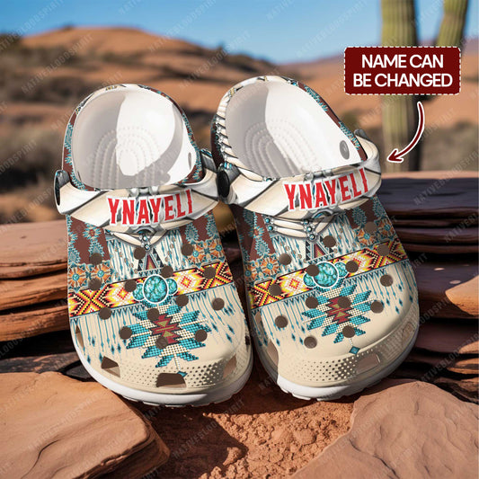 Custom Name Clogs – Rustic Boho Style with Turquoise Stone & Traditional Patterns