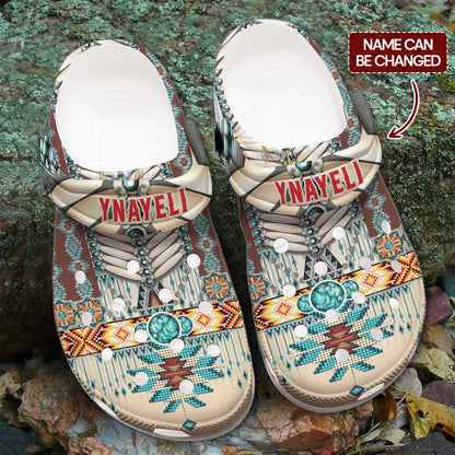 Custom Name Clogs – Rustic Boho Style with Turquoise Stone & Traditional Patterns