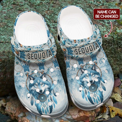 Custom Name Wolf Dreamcatcher Clogs – Tribal Spirit & Personalized Native Gift