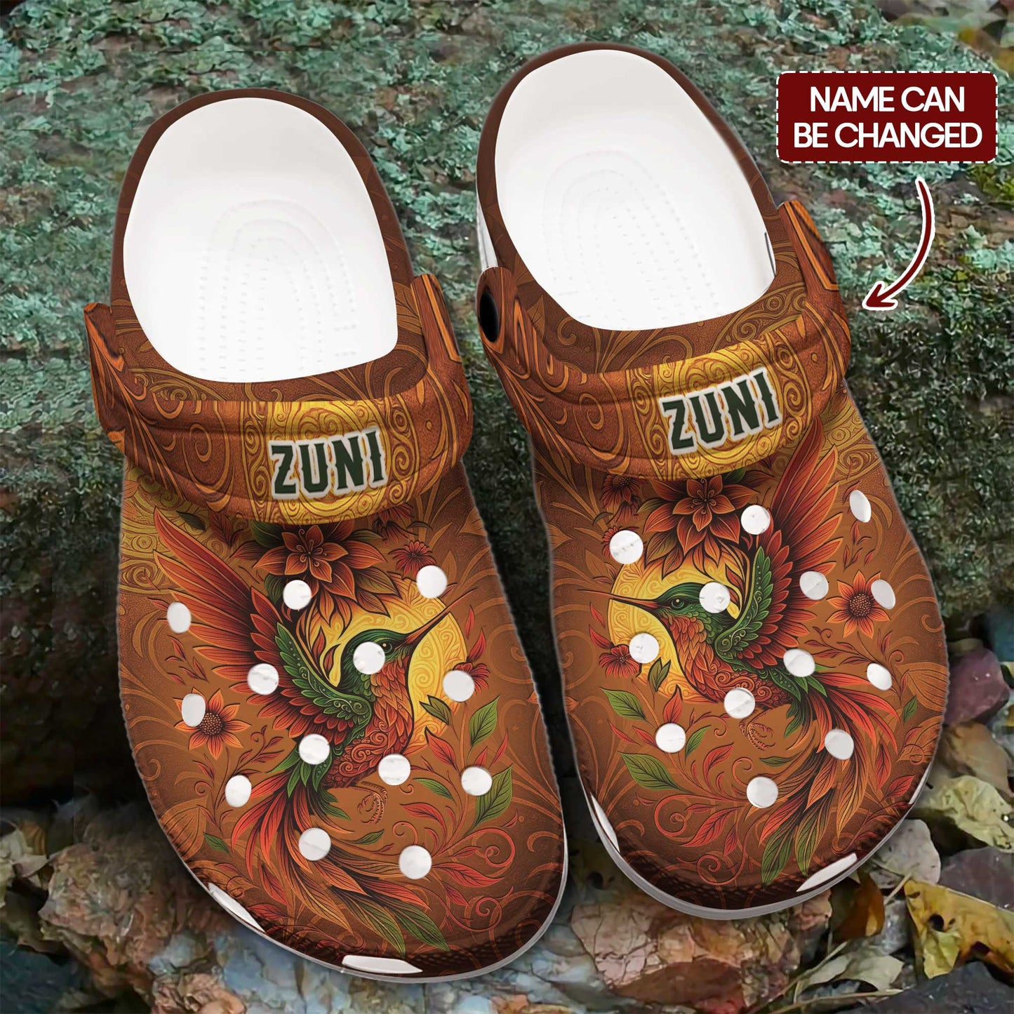 Custom Name Clogs – Vibrant Bird, Sunflower Bloom & Autumn Swirl Details in Warm Tones