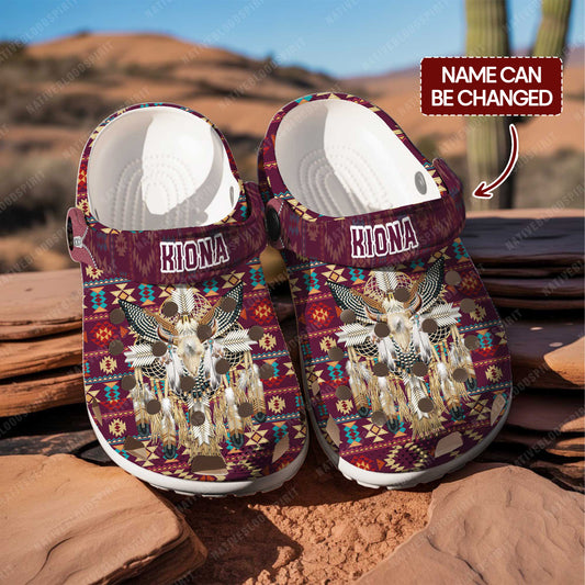 Custom Name Native Bull Skull Clogs – Tribal Dreamcatcher Shoes, Unique Family Gift