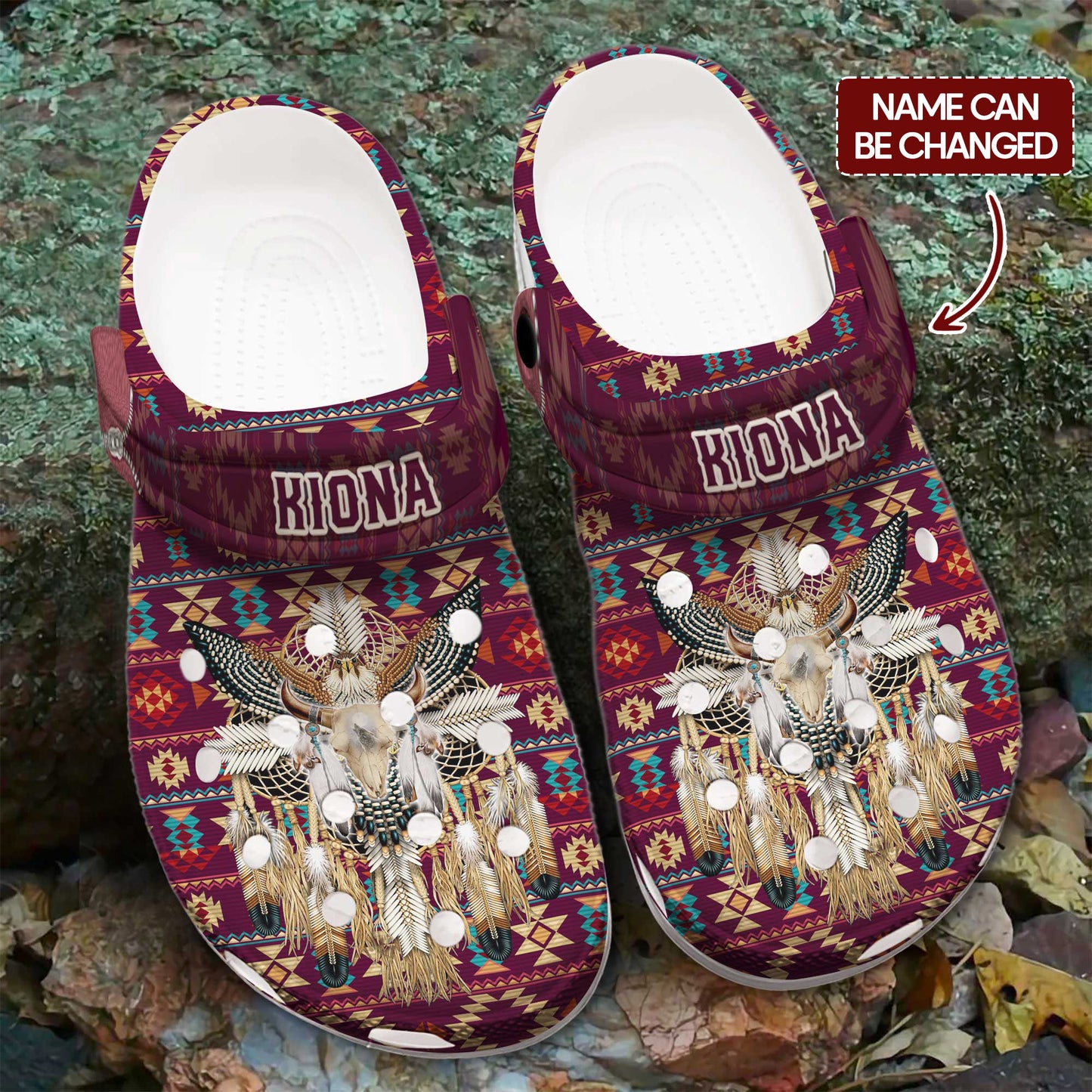 Custom Name Native Bull Skull Clogs – Tribal Dreamcatcher Shoes, Unique Family Gift