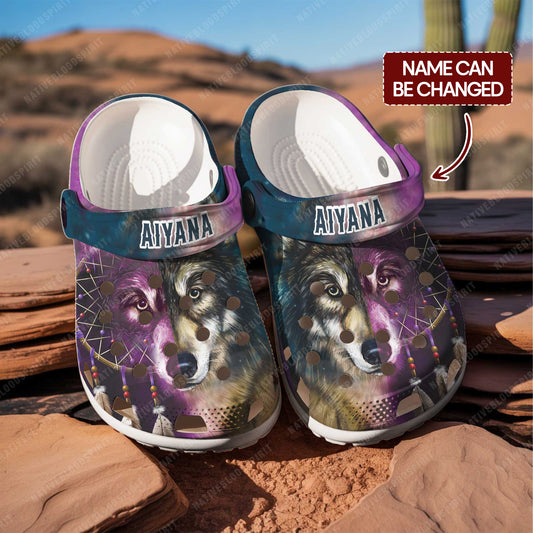 Custom Name Tribal Wolf Clogs – Purple Blue Native Style Footwear, Unique Gift for Loved One